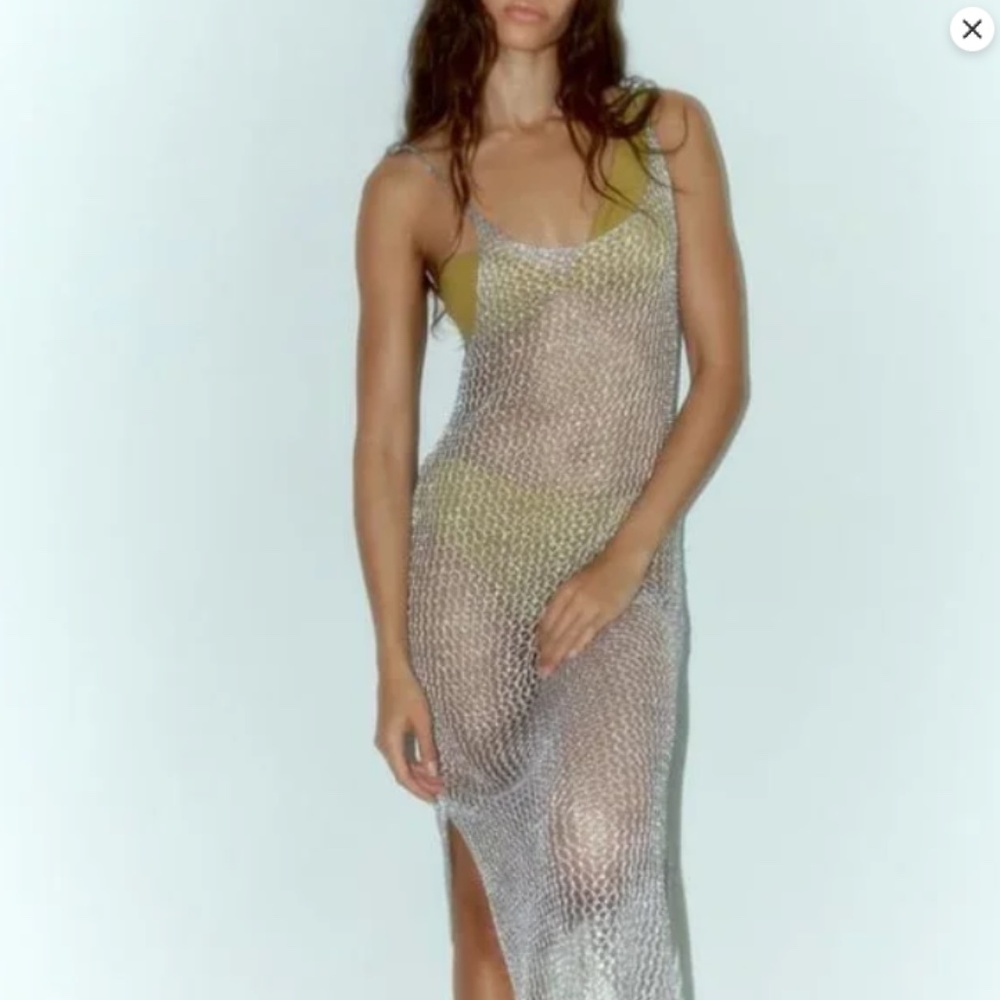 ZARA SILVER METALLIC OPENWORK MESH FISHNET DRESS